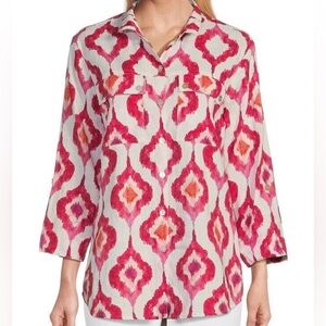 John Mark Ikat Print Blouse Size M Linen Blend Button-Up Roll-Tab Pink Orange